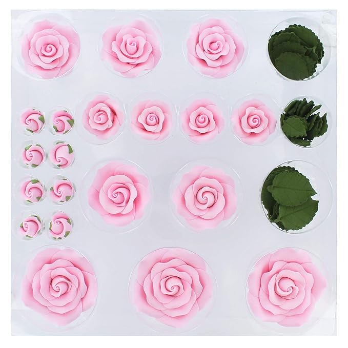 Global Sugar Art Exquisite Rose & Leaf Tray Edible Sugar Cake Flowers, Pink 20 Count Unwired by Chef Alan Tetreault