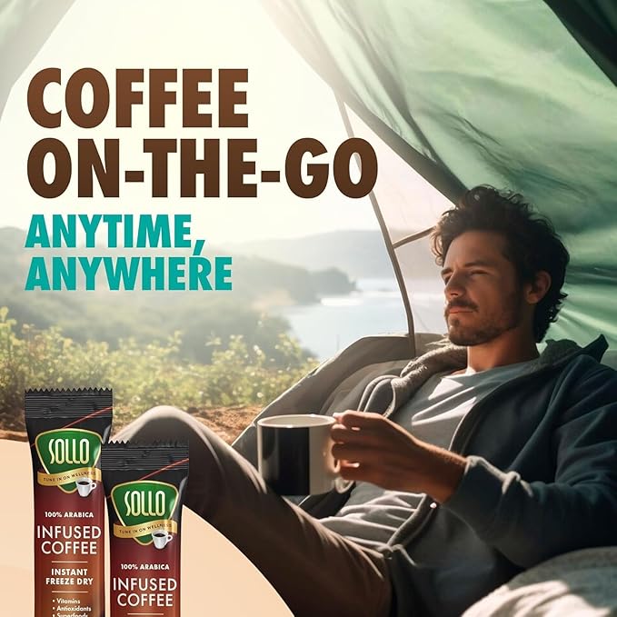 Sollo Brain Power Instant Coffee Sticks (24 Servings) Cinnamon Notes - Dark Roast, Enhanced Brain Function & Immune Support, Focus, Bold & Smooth Taste, 100% Arabica Freeze Dry.