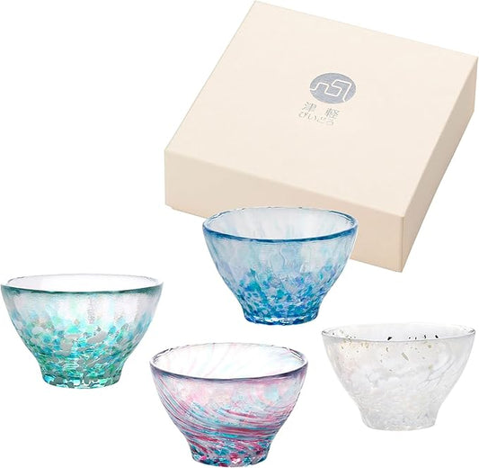 Japanese Handcrafted Sake Glass Set, Artisan Glassware for Cold Sake and Shochu, Made in Japan (Sake Cup Set (4pcs) ??Floral & Festival Series, 2.87 fl oz (85ml))
