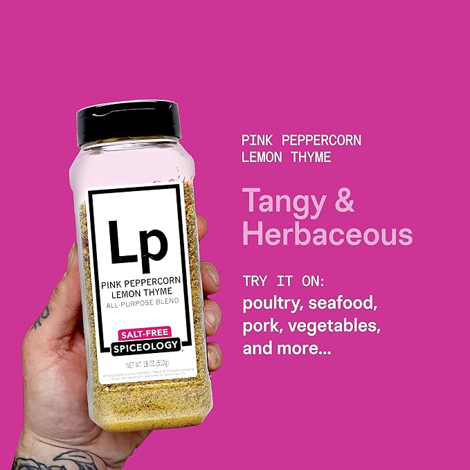 Spiceology - Pink Peppercorn Lemon Thyme All-Purpose Seasoning Blend (Salt-Free) - Lemon Pepper Spice Rub - Use On: Chicken, Salmon, Shrimp, Potatoes, Butter, Vegetables, or Salad Dressing - 18 oz