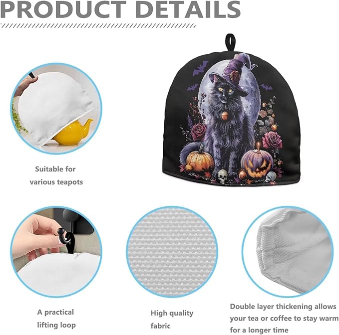 Halloween Teapot Dust Cover Tea Cozy for Teapot,Foldable Kitchen Kettle Dust Tea Pot Decorative Cover for Kitchen,Tea Cosy Jack-o'-Lantern Cat Print