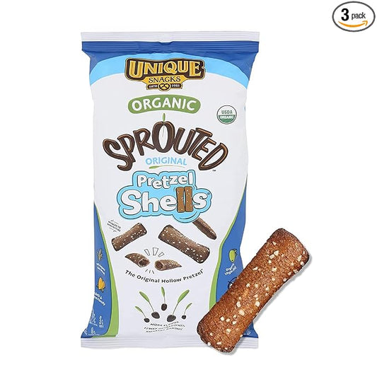Unique Snacks Sprouted Pretzel Shells, Delicious Homestyle-Baked Snack Bag, Vegan, OU Kosher Pretzels, Non-GMO Office Snacks, 8 Oz. Bag, Pack of 3