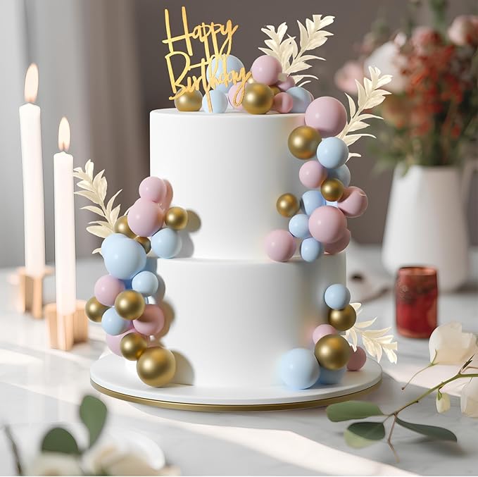 MIAHART Ball Cake Toppers Boho Grass Cake Topper Ball Cake Insert Decoration for Birthday Wedding Baby Shower Party Decorations Boho Themed Party Supplies (light blue竊똤old竊똪ight pink)