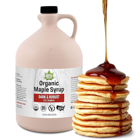 Maple Valley Organic Pure Maple Syrup, Dark & Robust Better Than Pancake Syrup, Use for Coffee or All-Natural Sugar Substitute in Cooking and Baking (128oz Plastic Jug)