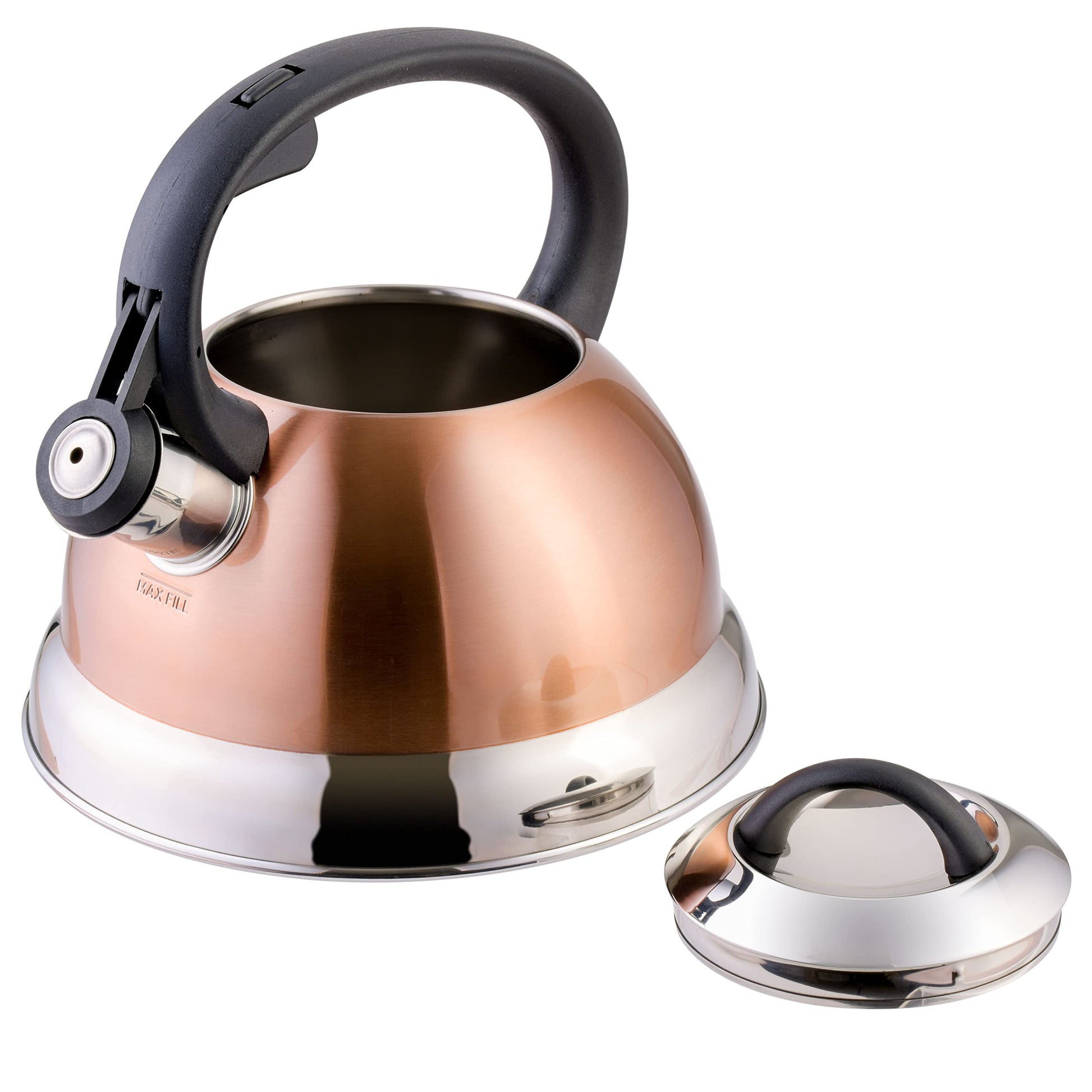 Mr. Coffee Flintshire 1.75-Quart Stainless Steel Whistling Tea Kettle with Nylon Handle – Copper