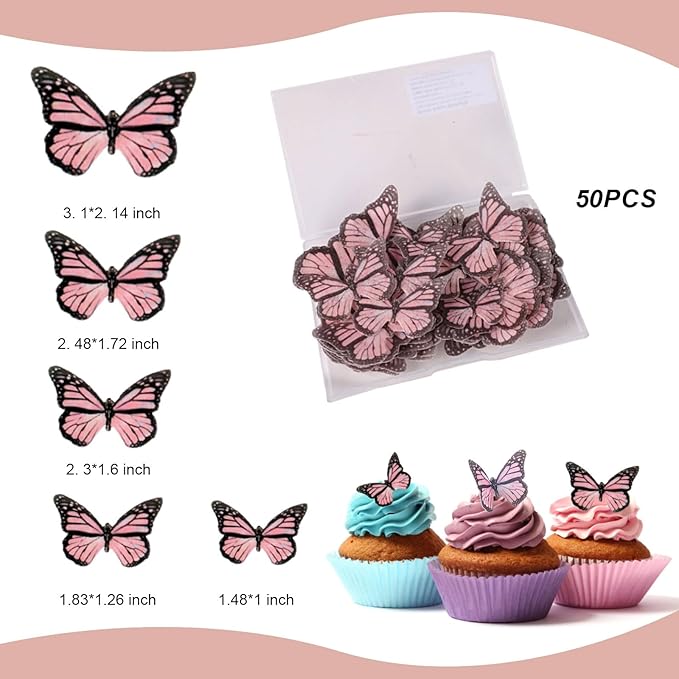 Butterfly Cake Decorations - Edible Wafer Paper Set of 50Pcs, Cupcake Toppers for Wedding, Anniversary, Birthday Party (Light Pink)