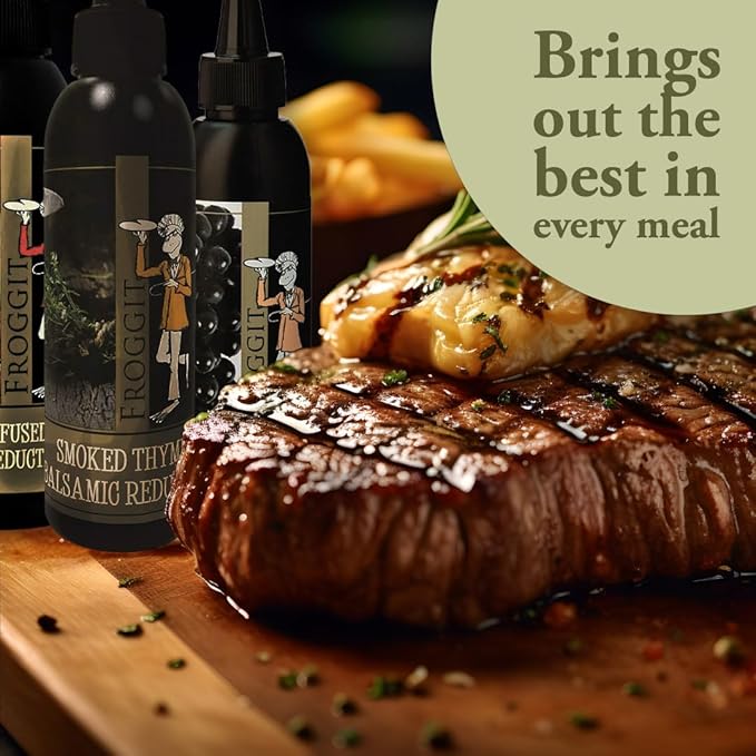 Froggit 3-Piece Garlic Infused Red Wine Vinegar, Burgundy Bliss Balsamic Reduction, Smoked Thyme Balsamic Vinegar Reduction, 150ml Non GMO