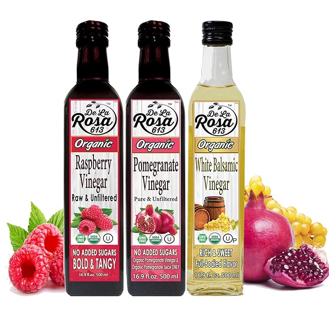 De La Rosa Organic Vinegar Variety Pack, Raspberry, Pomegranate & White Balsamic Vinegar, Vegan, Kosher, Non-GMO & Gluten Free, Great for Salad Dressing, Marinades & More | 16.9 Oz (Pack of 3)