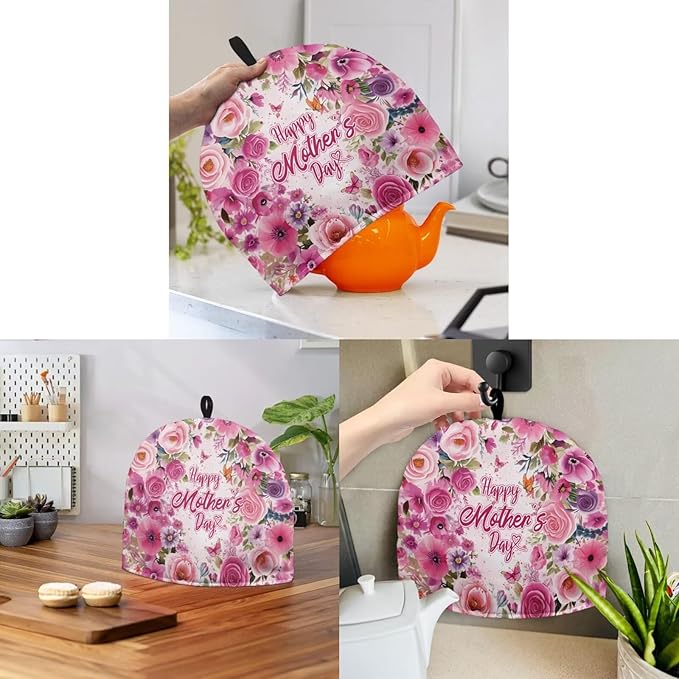 Mother's Day Roses Kettle Dust Cover Large Tea Cosy Portable Easy to Clean Tea Pot Dust Cover Insulated Tea Cosy Suitable for Kitchens Hotels or Cafes