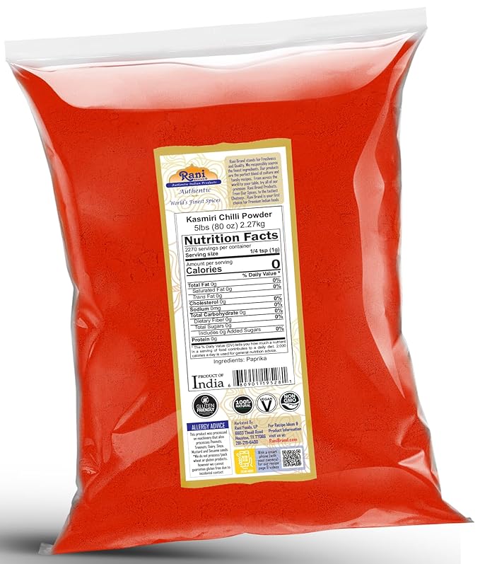 Rani Kashmiri Chilli Powder (Deggi Mirch, Low Heat) Ground Indian Spice 80oz (5lbs) 2.27kg Bulk ~ All Natural | Salt-Free | Vegan | No Colors | Gluten Friendly | NON-GMO | Kosher | Indian Origin