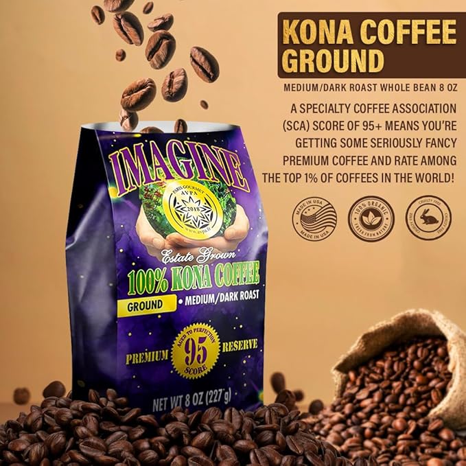 Imagine Kona Organic Coffee Beans | Arabica Kona Beans | Top Grade Air Roasted | Medium Dark Roast | Organic Whole Bean (Ground, 8 ounce)