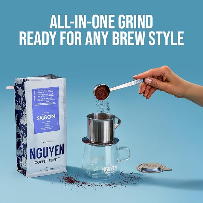 Nguyen Coffee Supply - Saigon Robusta & Arabica Blend: Dark Roast Premium Ground Coffee Beans, Vietnamese Single Origin, Direct Trade, Low Acid, High Caffeine, Roasted in Brooklyn [12 oz Bag]