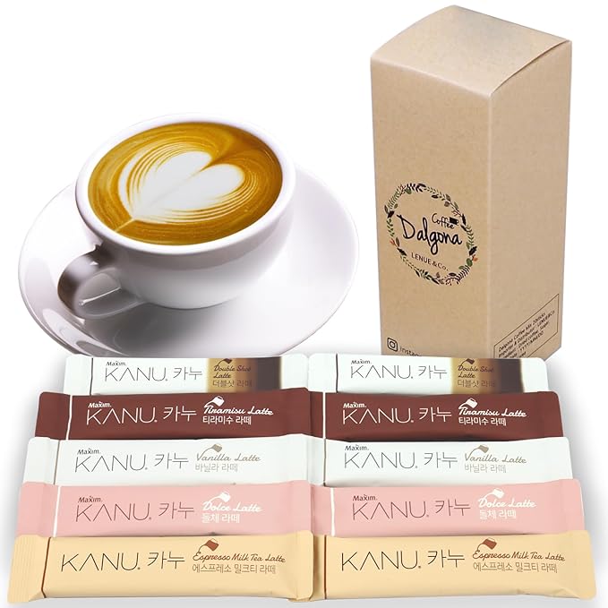 KANU Latte - Korean Maxim 3 in 1 Instant Coffee Variety Sample Packets with Gift Box Set, Camping Essentials, KANU Latte 5 Mix Combination 10 Sticks