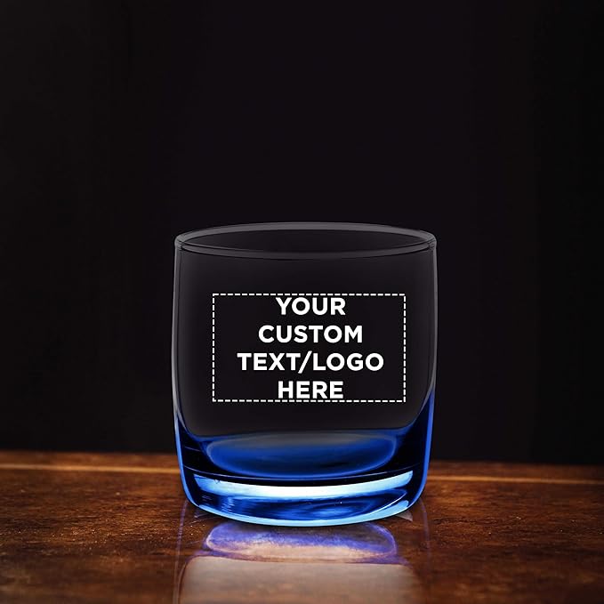 DISCOUNT PROMOS Custom Whiskey Glasses 10 oz Set of 100, Personalized Bulk Pack - Heavy Base Old Fashioned Glass, Perfect for Scotch, Bourbon, Whiskey, Cocktail - Blue Bottom Color
