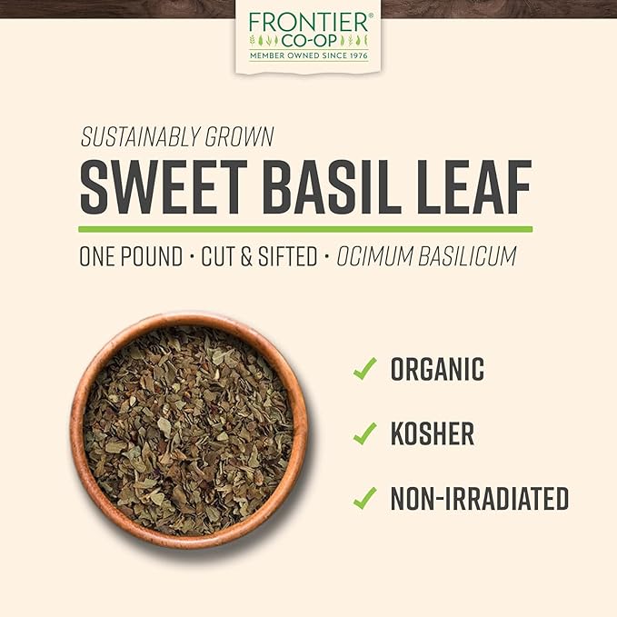Frontier Co-op Sweet Basil Leaf, 1-Pound Bulk, Popular on Pizza & DIY Body Care As An Essential Oil, Kosher, Organic