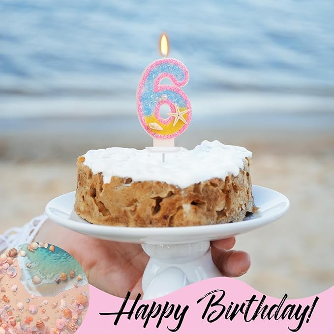 6th Birthday Candle for Cake, Pink Beach Starfish Sequins Number Cake Candles, 2.76 inch Pink Cake Topper Decoration for Birthday Party (Number 6)