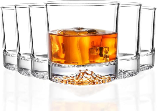 Whiskey Glasses Set of 6 with Unique Raised Mountain Base, Premium Crystal Bourbon Scotch Glass for Men Dad, Solid Old Fashioned Glass Lowball Glasses Rocks Glasses -12Oz