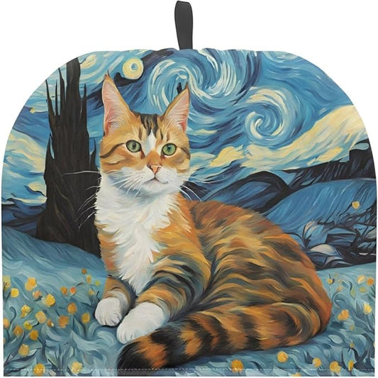 Cute Cat Tea Cozy for Teapot,Starry Night Oil Paint Tea Cosy with Handle Hanging Teapot Dust Cover Novelty Kitchen Kettle Dust Cover Tea Pot Cover for Home Decoration竊뉰lue竊?,<div>