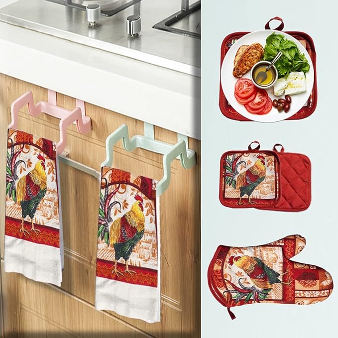Lobyn Value Packs: Decorative & Functional Rustic Rooster Kitchen Set ??5 Pieces, Perfect for Farmhouse D챕cor Set includes 2 Dish Towel 2 Pot Holders 1 Oven Mitt | Kitchen Towel Set for Daily Use