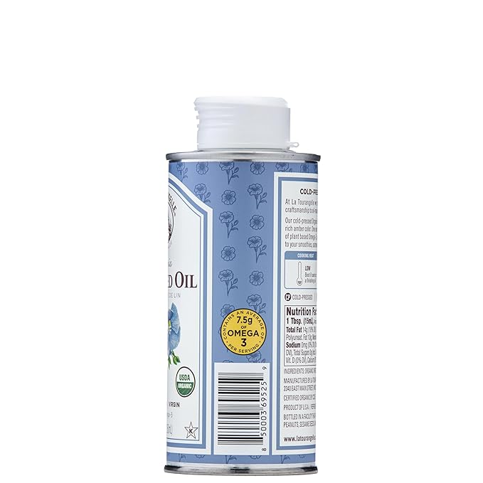 La Tourangelle, Organic Flaxseed Oil, Essential Omega-3 to Improve Heart Health, Vegan, Non-GMO, Gluten-Free, Kosher, Cast Iron Seasoning, 8.45 Fl Oz