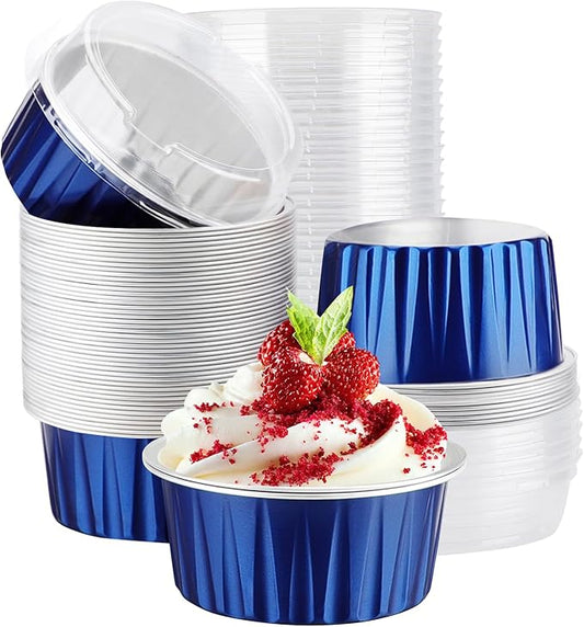 EUSOAR Foil Ramekins, 60pcs 5oz Disposable Mini Aluminum Foil Cupcake Liners Ramekins Cups with Lids for Baking, Dessert Cups Aluminum Cheesecake Pan Creme Brulee Baking Cups for Oven-Royal Blue