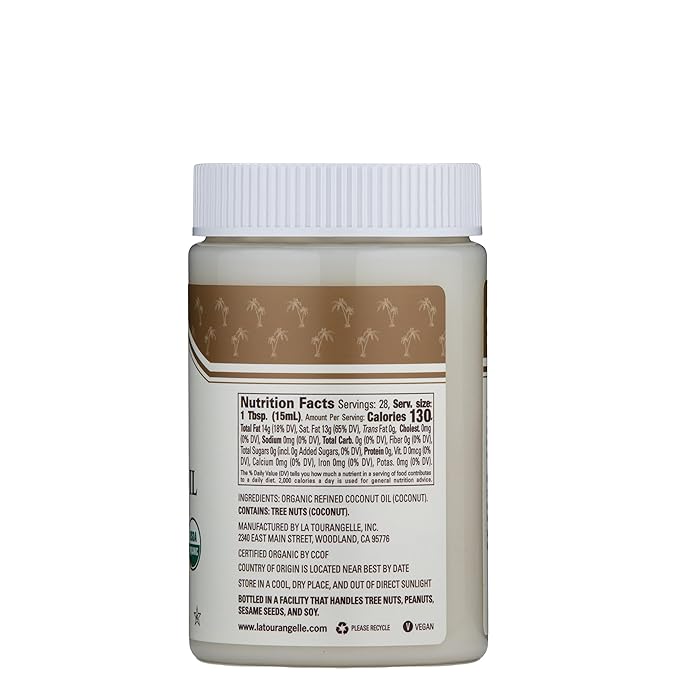La Tourangelle, Organic Coconut Oil, Refined, For Cooking, Baking, Hair, and Skin Care, Expeller Pressed, 14 fl oz