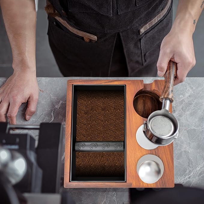 Gdrasuya10 58MM Espresso Knock Box and Tamping Station Coffee Milk Tea Machine Accessories Wooden Tool Stainless Steel Storage Boxs for 2.28" Tamper Distributor Portafilter