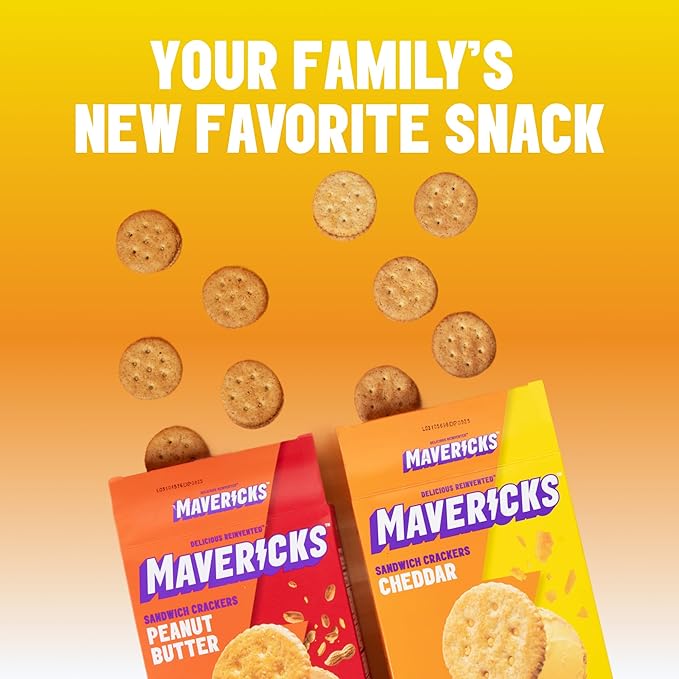 Mavericks Sandwich Crackers Peanut Butter - Plant-Based Peanut Butter Sandwich Snack Crackers, Whole Grain, Non-GMO - Back to School - 7 oz Boxes (Pack of 4)