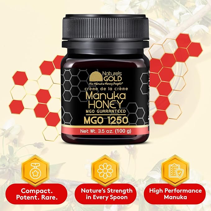 Nature’s Gold Raw Manuka Honey, Certified High MGO | Authentic MGO, 100% Pure Genuine Traceable Hive to Home, MGO 1250+, 3.5 Ounce (Pack of 1)
