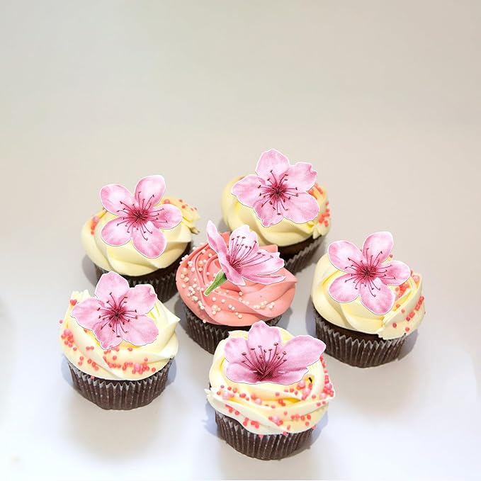40 Pack Edible Cherry Blossom Cupcake Toppers Cherry Flowers Cake Toppers Rice Paper Wafer Paper Cupcake Picks for Cherry Blossom Baby Shower Kids Birthday Cupcake Decorations