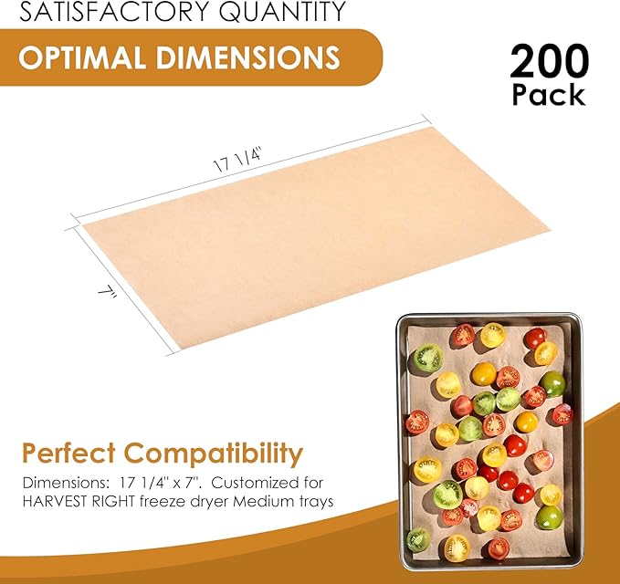 KitchenRaku 200 Pack Parchment Paper For Harvest Right Freeze Dryer Trays, Disposable Accessories for Freeze Dryer Trays, Prevent Food Items From Sticking (13 5/16" x 7", Small)