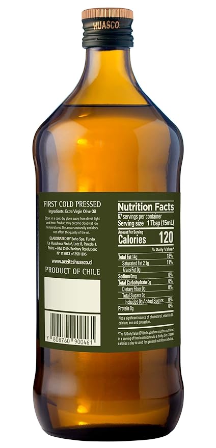Extra Virgin Olive Oil by HUASCO |First Cold Press - From Chile, 33.8 Fl Oz (1000 Ml) - 4 pack