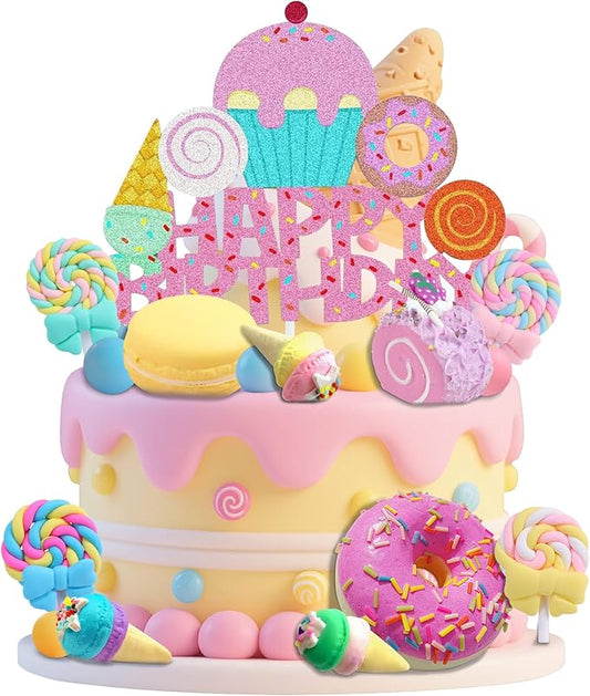 25 PCS Donut Cake Topper Candy Cupcake Toppers Candy Birthday Themed Party Supplies Ice Cream Cupcake Toppers