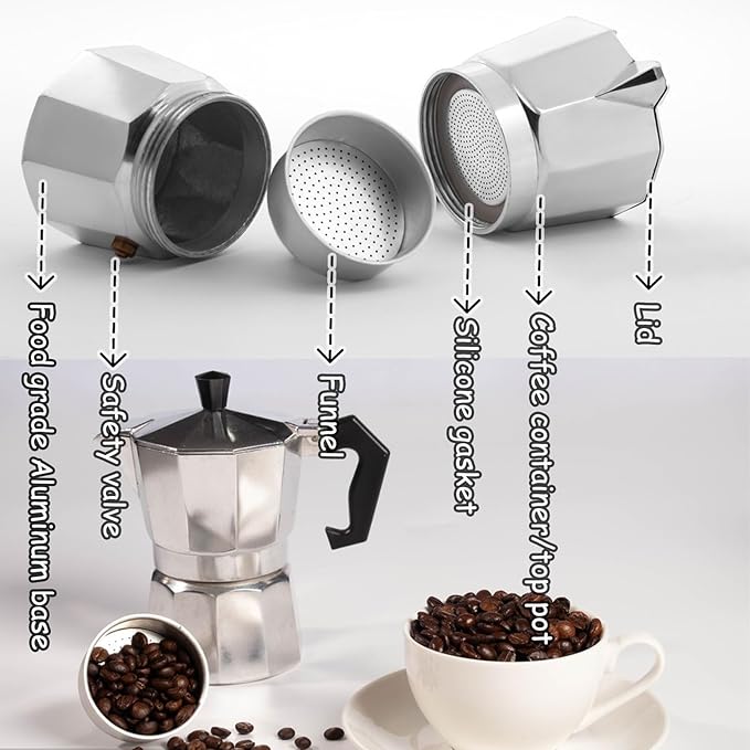 12 CUP Silver Moka Pot Stovetop Espresso Maker Italian Classic Cafe Percolator Maker for Home Camping Travel Use (SILVER,12cup/600ml/20oz)