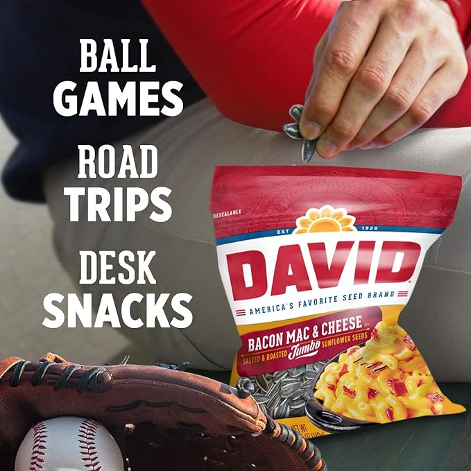 DAVID Roasted and Salted Jumbo Sunflower Seeds, Bacon Mac and Cheese Flavor, 5.25oz. (Pack of 12)