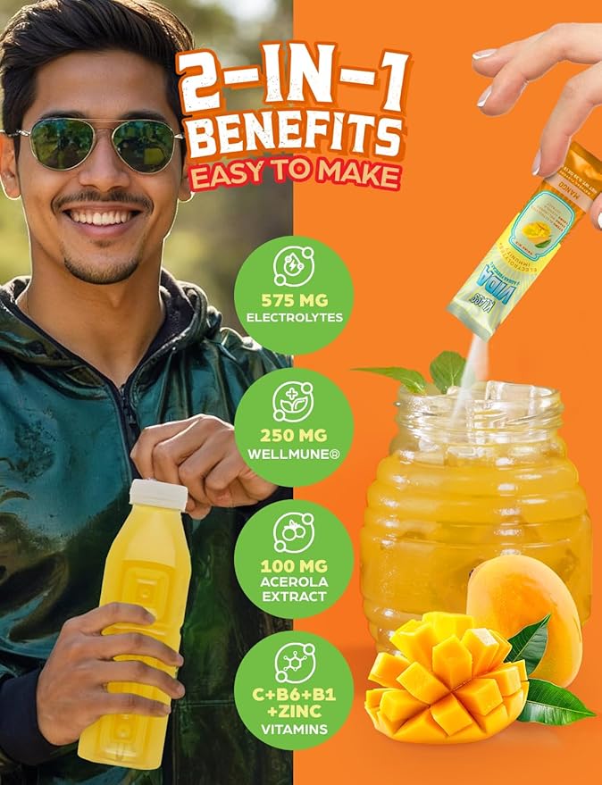 Hydration + Immunity Electrolyte Drink Mix ??Mango Agua Fresca Flavor | Sugar-Free Powder with Wellmune®, Acerola, Coconut Water & Minerals | 15 Single-Serve Stick Packs, Natural Flavor