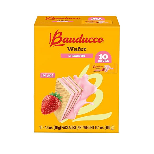 Bauducco Wafer Cookies, Strawberry, Single Serve, 14.1 oz (Pack of 10) - Individually Wrapped Crispy Wafers - Triple-Layer Cream-Filled Dessert - Convenient Indulgence To-Go.