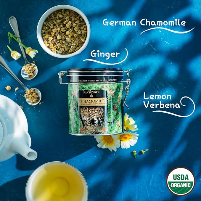 Organic German Chamomile & Ginger Herbal Tea | Loose Leaf Tea - 40 Servings | Calming and Digestive Caffeine Free Herbal Tea | By Pantenger