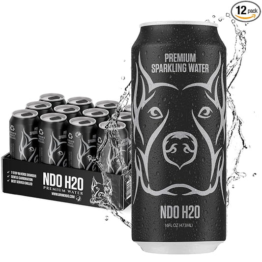 NDO H2O Premium Purified Water Case - 12 Pack (16 fl oz, Sparkling) | Reverse Osmosis Canned Water | Tested for Over 400 Impurities | Purified, Carbonated & Balanced | Alkaline & Minerals