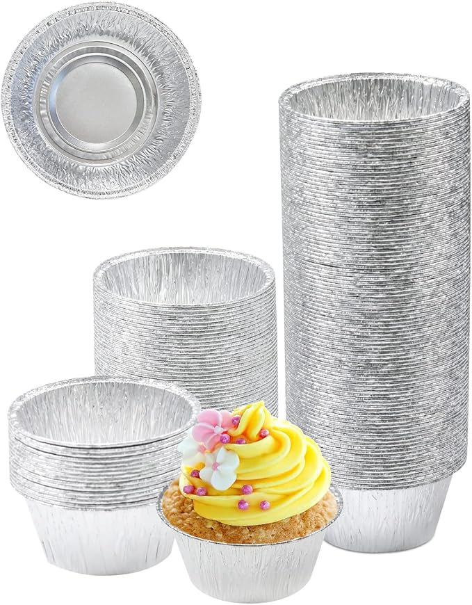 Aluminum Foil Baking Cups, Disposable Ramekin 4 Oz Silver Foil Cupcake liners, 150 Pcs Aluminum Baking Cups Egg Tart Liners for Baking, Cupcake, Pudding, Muffin, Creme Brulee