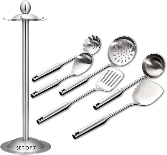 Kitchen Utensil Set ??6 Piece Stainless Steel Cooking Utensils with Rotating Holder Organizer Includes Slotted Spoon, Slotted Spatula, Large Spoon, Soup Ladle, Spatula, Pasta Server Silver/7PCS