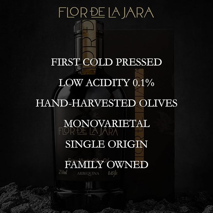 FLOR DE LA JARA Premium Extra Virgin Olive Oil from Spain, First Cold Pressed, Monovarietal Arbequina, Hand-Harvested Olives, Family-Owned Grove, Low Acidity (0.1%) - 8.45 fl oz (250ml)