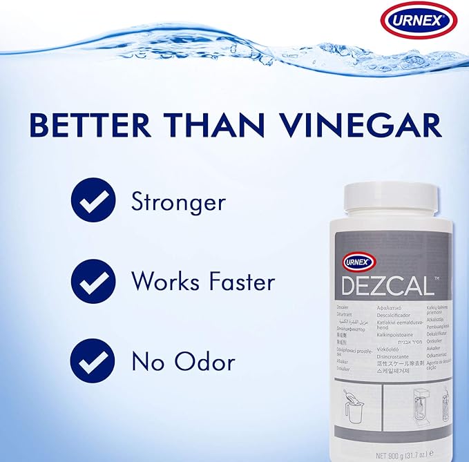 Urnex Dezcal Coffee and Espresso Machine Descaler Activated Scale Remover - 900g Bottle - Fast Effective Descaling Of Boilers and Heating Elements Faucets Spray Heads Milk Systems