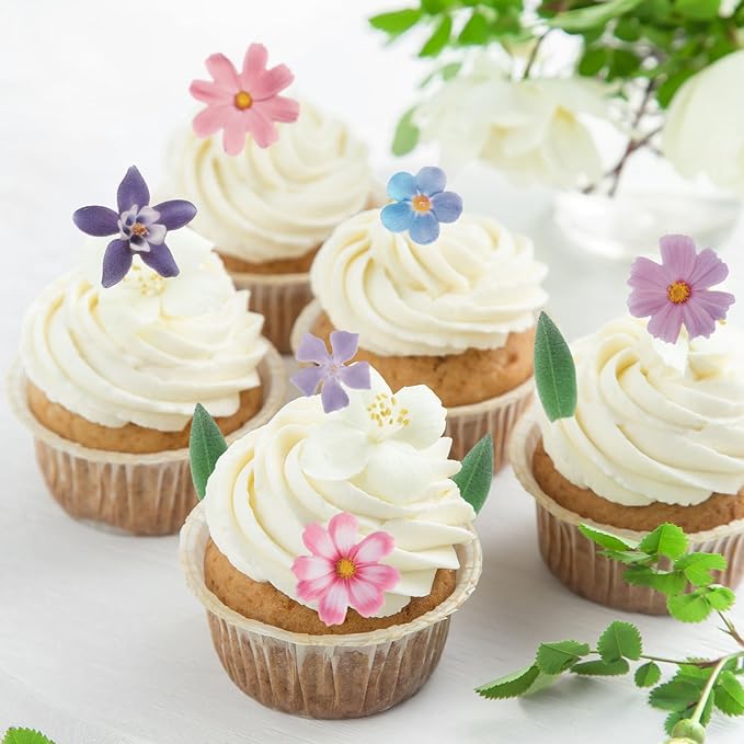 60 Pcs Edible Flowers Cake Decorations - Edible Flowers Wafer Paper Flowers & Leaves Cupcake Toppers for Wedding Birthday Party Cake Decorating (Mixed Size & Colour)