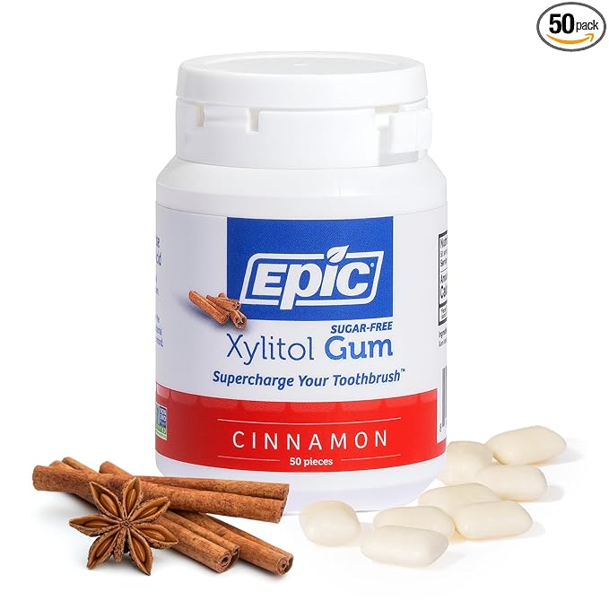 Epic 100% Xylitol Cinnamon Chewing Gum - Sugar Free, Aspartame Free Dental Gum - Supports Oral Health & Fresh Breath - 50 Pieces