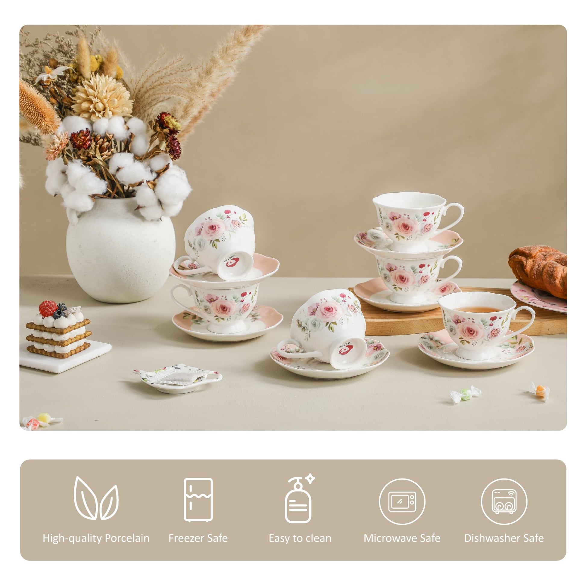 PRECITIME 6oz Floral Porcelain Tea Cup & Saucer Set of 6, Pink Rose, Party