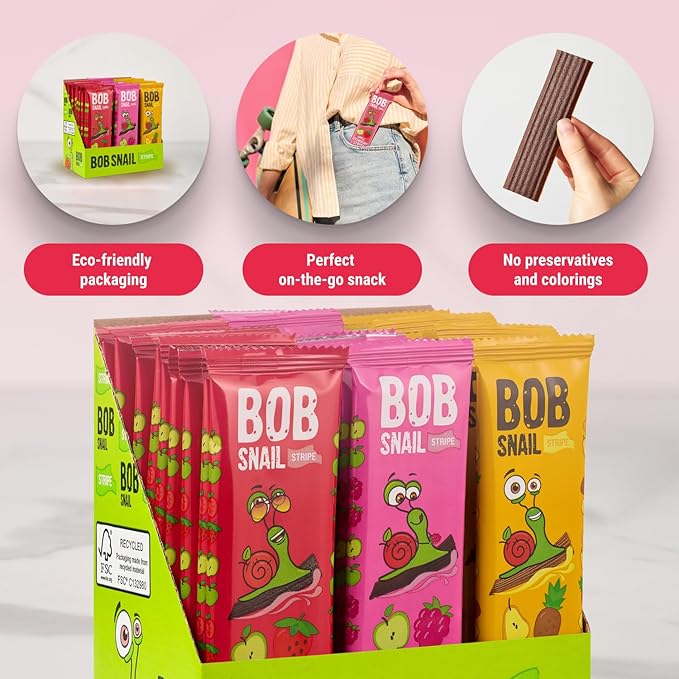 BOB SNAIL Healthy Organic Fruit Snacks for Kids and Adults ??30 Organic Fruit Leather Snacks with Strawberry, Raspberry, Pineapple ??Vegan Low-Carb Variety Pack Strips for Kids ??Sugar Free Jerky Bars