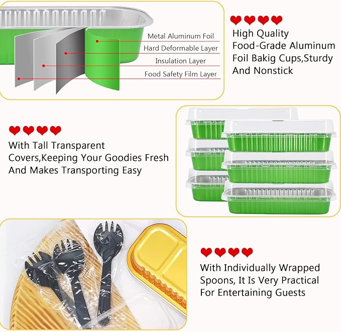 LNYZQUS 50 Pack Aluminum Baking Pans with Lids, 6.8oz Mini Loaf Pans,Rectangle Baking Tins Muffin Cups,Disposable Ramekins Mini Pans Tins Holders-Green