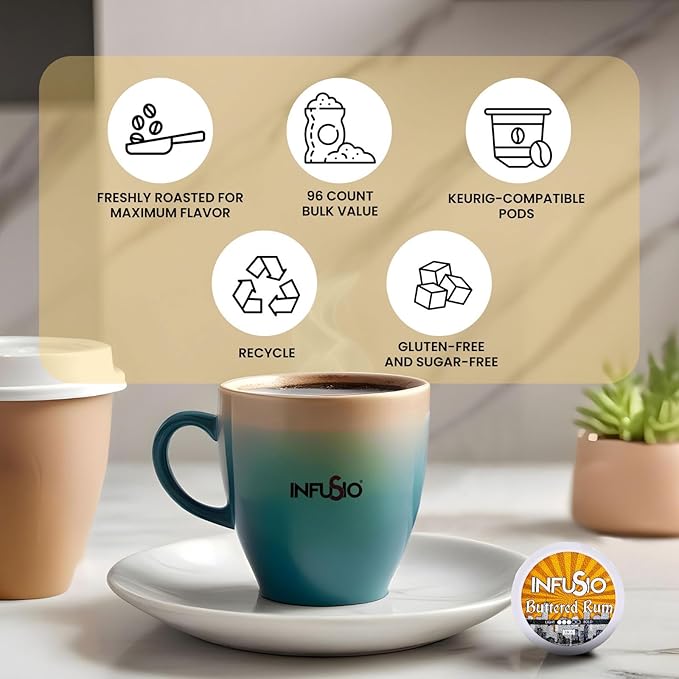 InfuSio Coffee Pods 96 Count Butterd Rum Flavored Medium Roast Single serve Coffee pods for Keurig K Cups Brewers - InfuSio Premium Roasted Keurig 2.0 Compatible