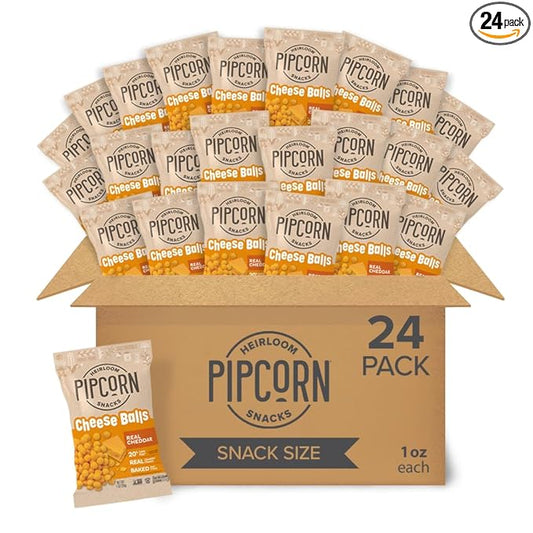 Heirloom Cheddar Cheese Balls by Pipcorn - Cheddar 1oz 24pk - Healthy Snacks, Gluten Free Snacks, Snack Packs, Heirloom Corn, Baked not Fried, Individually Wrapped
